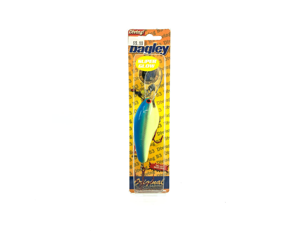 Bagley Diving Balsa B3 DB3-79SG Super Glow Blue on Chartreuse Crawfish Color, New on Card