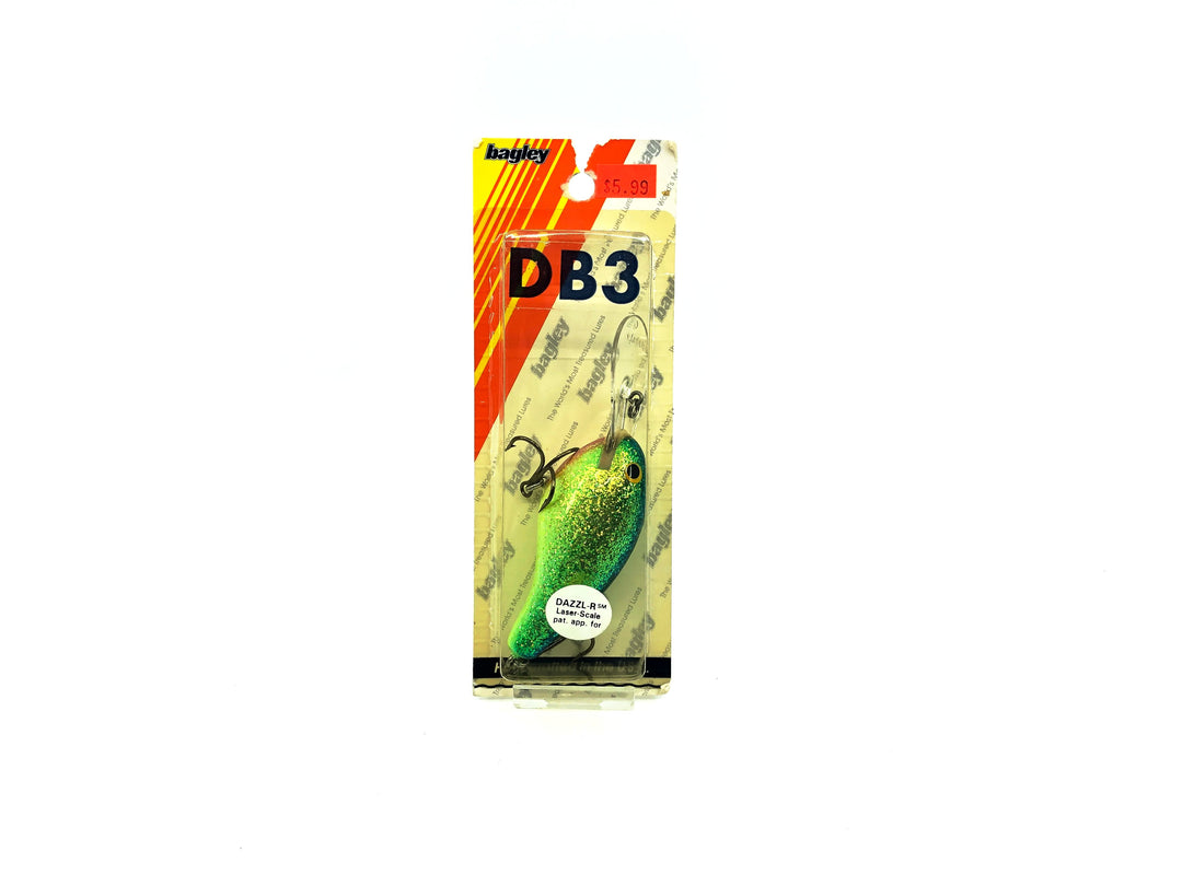 Bagley Diving B3 DB3-Z69 Dazzl-R Laser-Scale, Dazzle Green on Chartreuse Color New on Card Old Stock Florida Bait