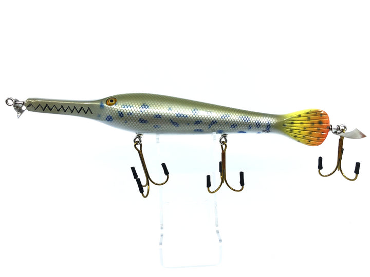 Chautauqua 11" Glass Eye Wooden Topwater Magnum Gar with Tail Lure Spotted Gar Color