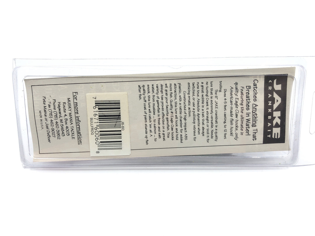 Musky Mania Jake 6" Musky Bait in Bull Frog Color New on Card