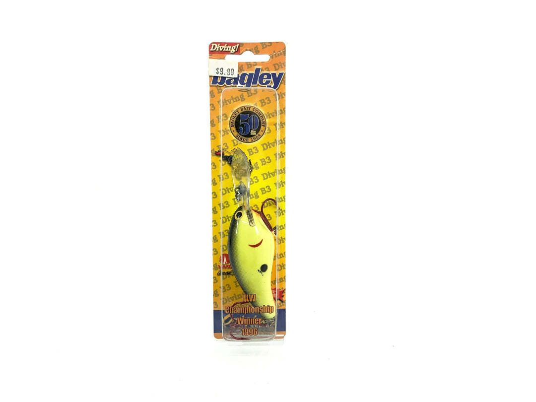 Bagley Diving Balsa B3 DB3-09 Black on Chartreuse Color, New on Card