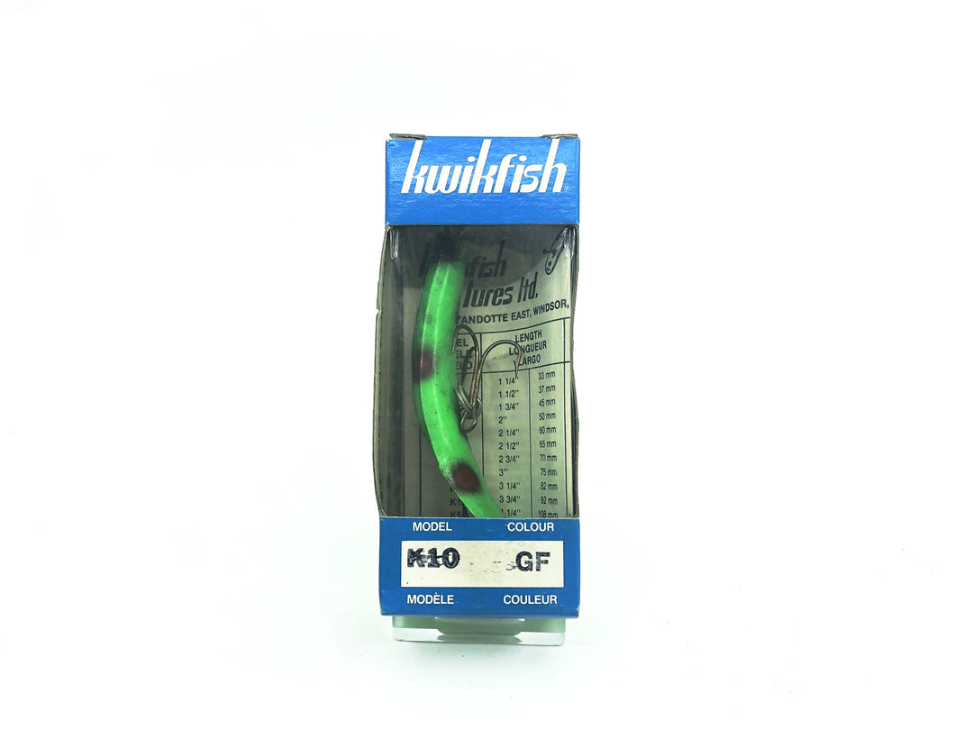 Pre Luhr-Jensen Kwikfish K10 GF Green Fluorescent Red and Black Spots Color New in Box Old Stock