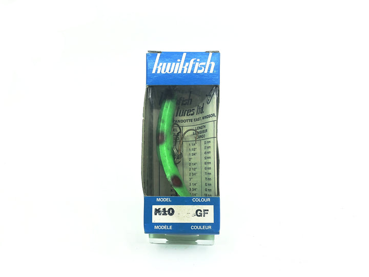 Pre Luhr-Jensen Kwikfish K10 GF Green Fluorescent Red and Black Spots Color New in Box Old Stock