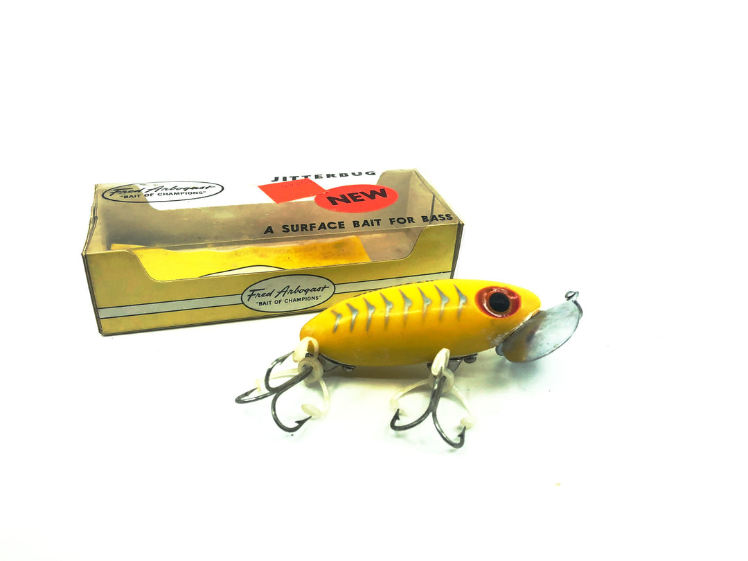 Arbogast Jitterbug Yellow (1965-1976 Weedless Hooks) Color with Box, Bug-Eyed Model