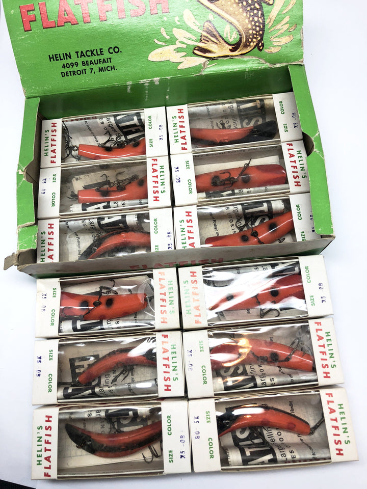 Helin Flatfish Dealer Box of 12 X5 OB Orange Black Stripe Red Tip Color Lures New in Box
