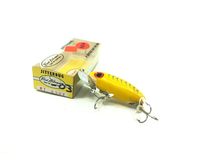 Arbogast Jitterbug Yellow (1965-1976 Weedless Hooks) Color with Box, Bug-Eyed Model