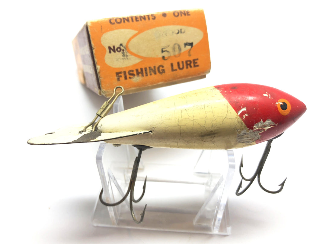 Vintage Wooden Bomber Lure in Box Red Head and White Color 04