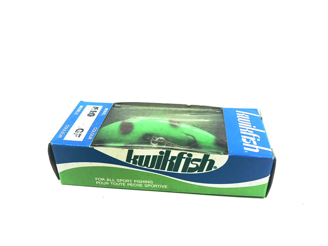 Pre Luhr-Jensen Kwikfish K10 GF Green Fluorescent Red and Black Spots Color New in Box Old Stock