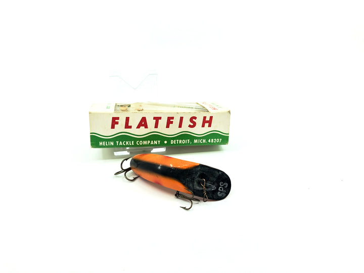 Vintage Helin Wooden Flatfish SPS Spinning Surface LOB Light Orange Red Tip Black Stripe Color with Box.