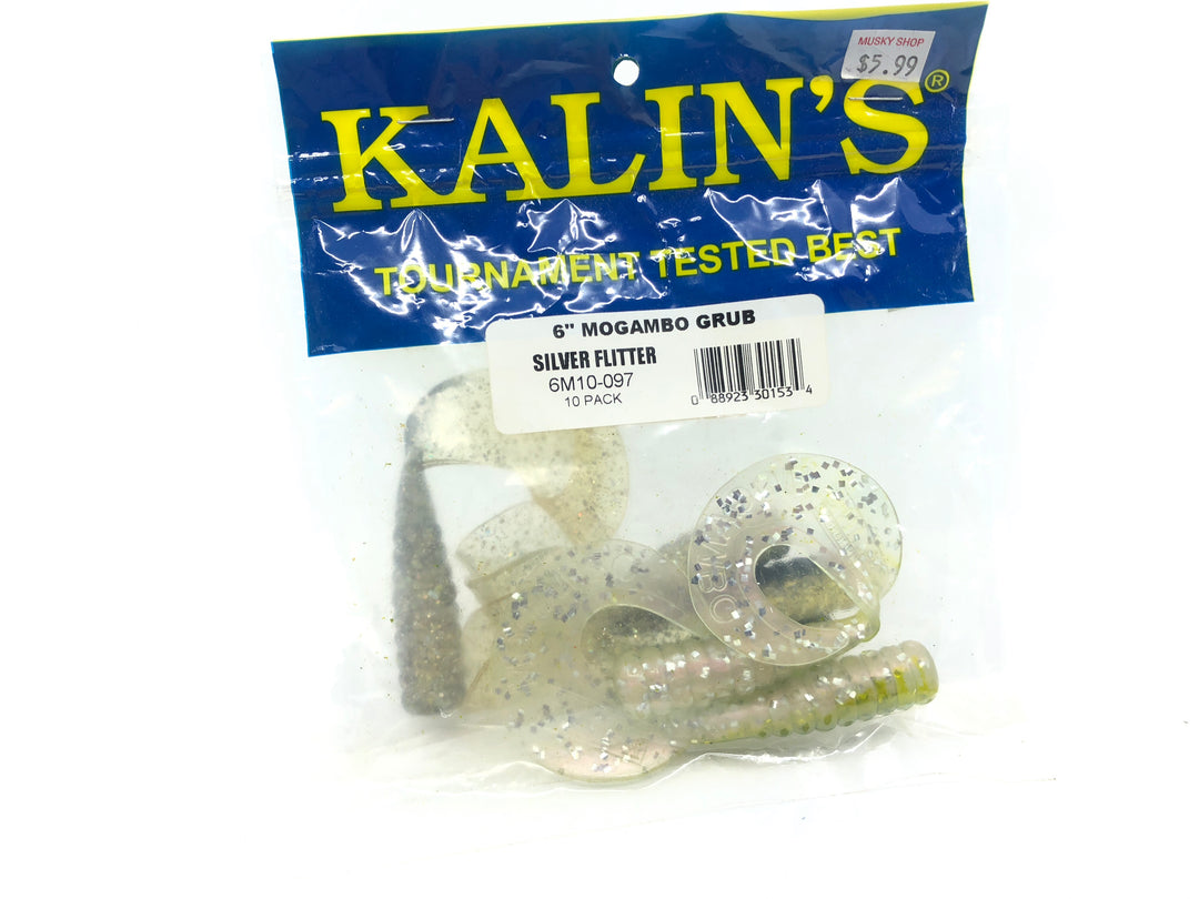 Kalin’s Packs of 6" Mogambo Grub Tails 2 Silver Flitter Color 4 Clear Hologram Black Back Color