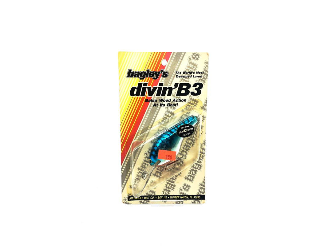 Bagley Diving B3 DB3-F7S Blue on Silver Chrome/Tiger Stripes Pretty Color New on Card Old Stock Florida Bait