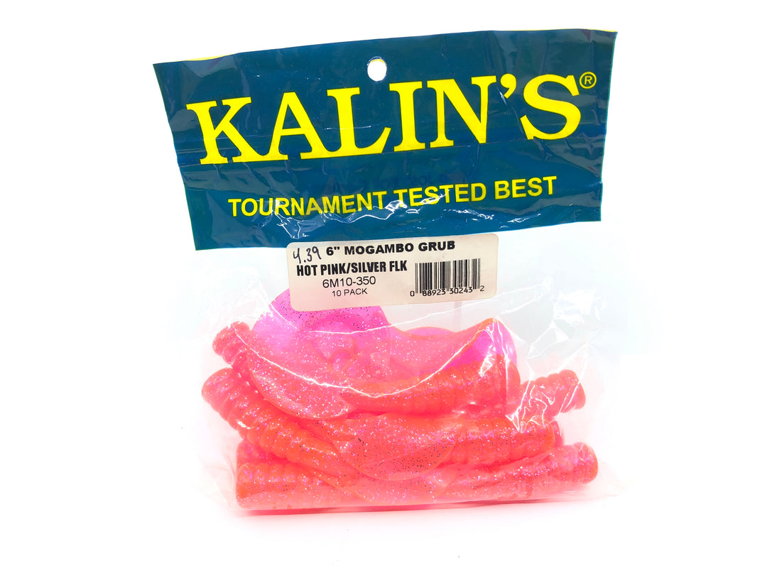 Kalin’s 10 Pack of 6" Mogambo Grub Tails Hot Pink/Silver Flake Color