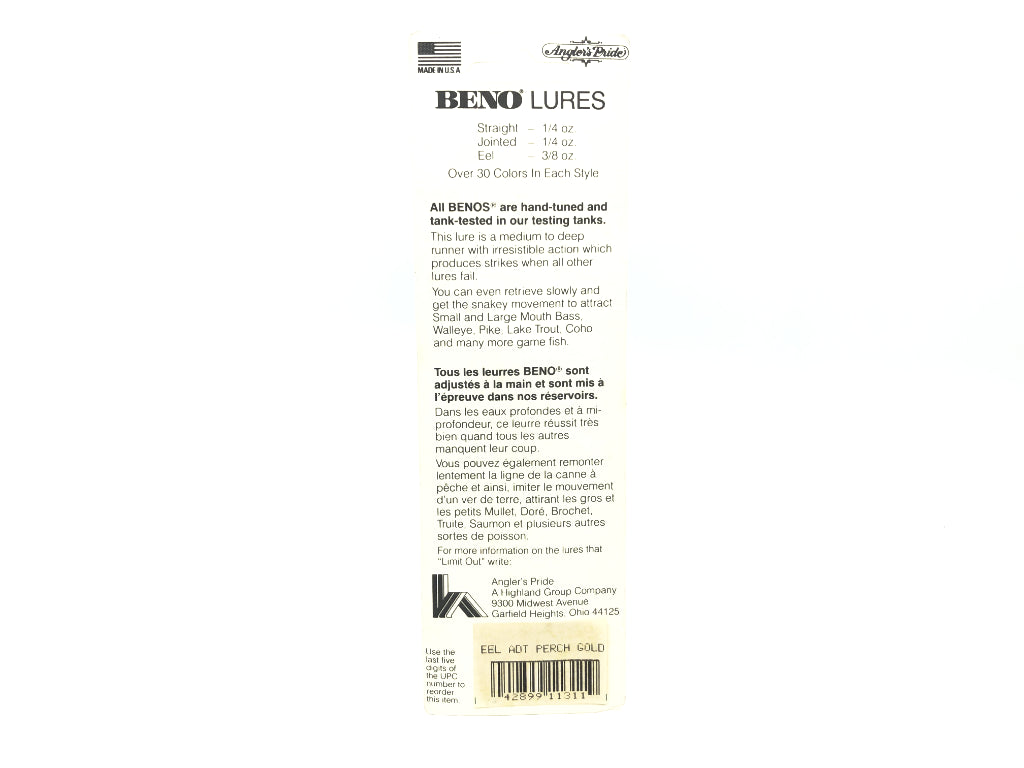 Angler's Pride Beno Lure Eel Gold Perch Color New on Card