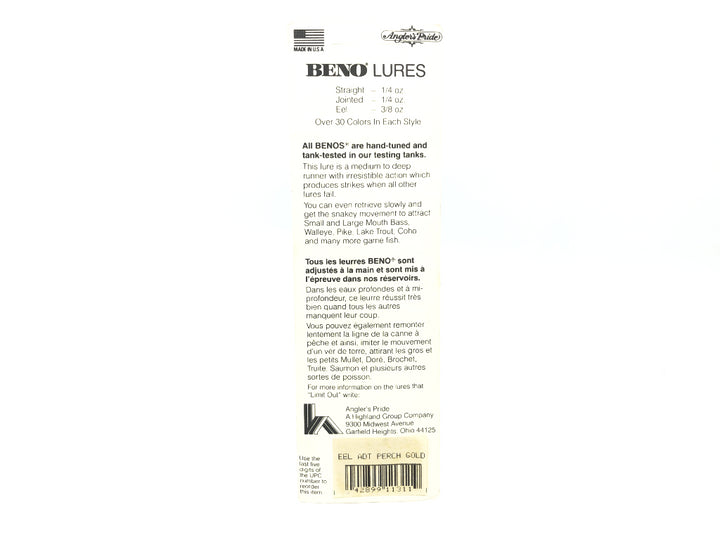 Angler's Pride Beno Lure Eel Gold Perch Color New on Card