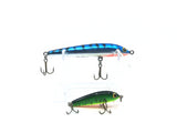 Bagley BANG-O-Lure in Green Yellow Orange Color and Unmarked Bagley Minnow Blue Silver and Black Stripes Color