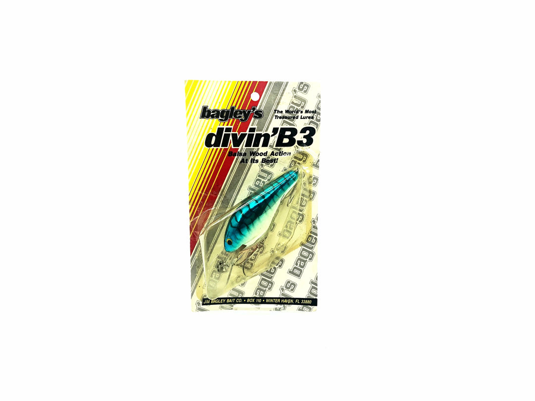 Bagley Diving B3 DB3-F7S Blue on Silver Chrome/Tiger Stripes Color New on Card Old Stock Florida Bait