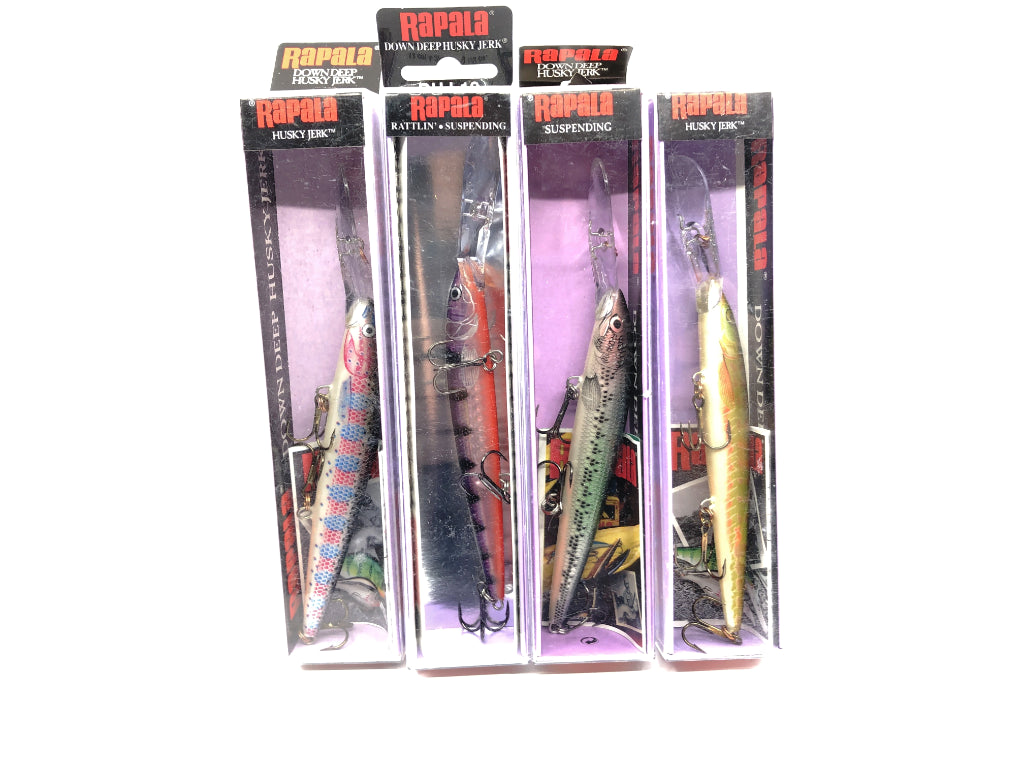 Lot of Four Rapala Down Deep Husky Jerks DHJ-12's RT SDD GPP and MN with Box