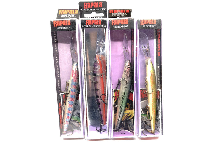 Lot of Four Rapala Down Deep Husky Jerks DHJ-12's RT SDD GPP and MN with Box