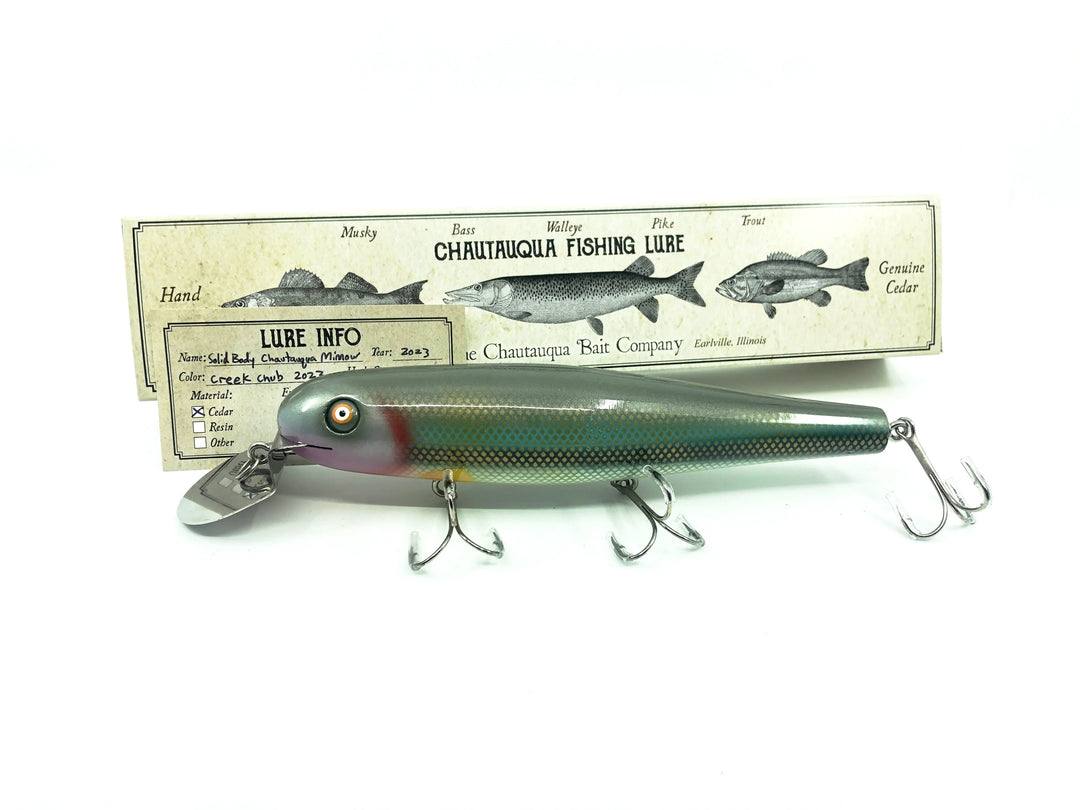 Solid Body Chautauqua 8" Minnow Musky Lure, 2023 Creek Chub Color