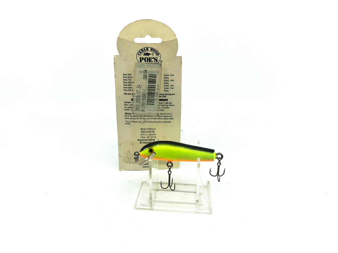 Poe's Cruise Minnow Series 2600W, Chartreuse/Black Back/Orange Belly Color on Card