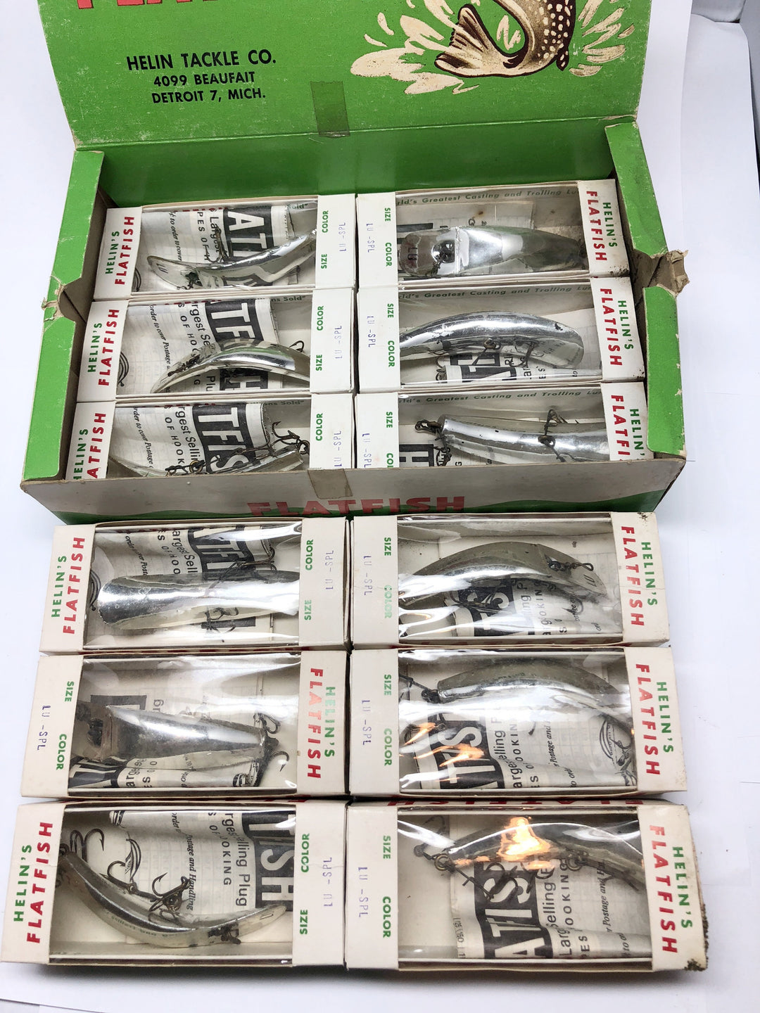 Helin Flatfish Dealer Box of 12 LU SPL Silver Plated Color Lures New in Box