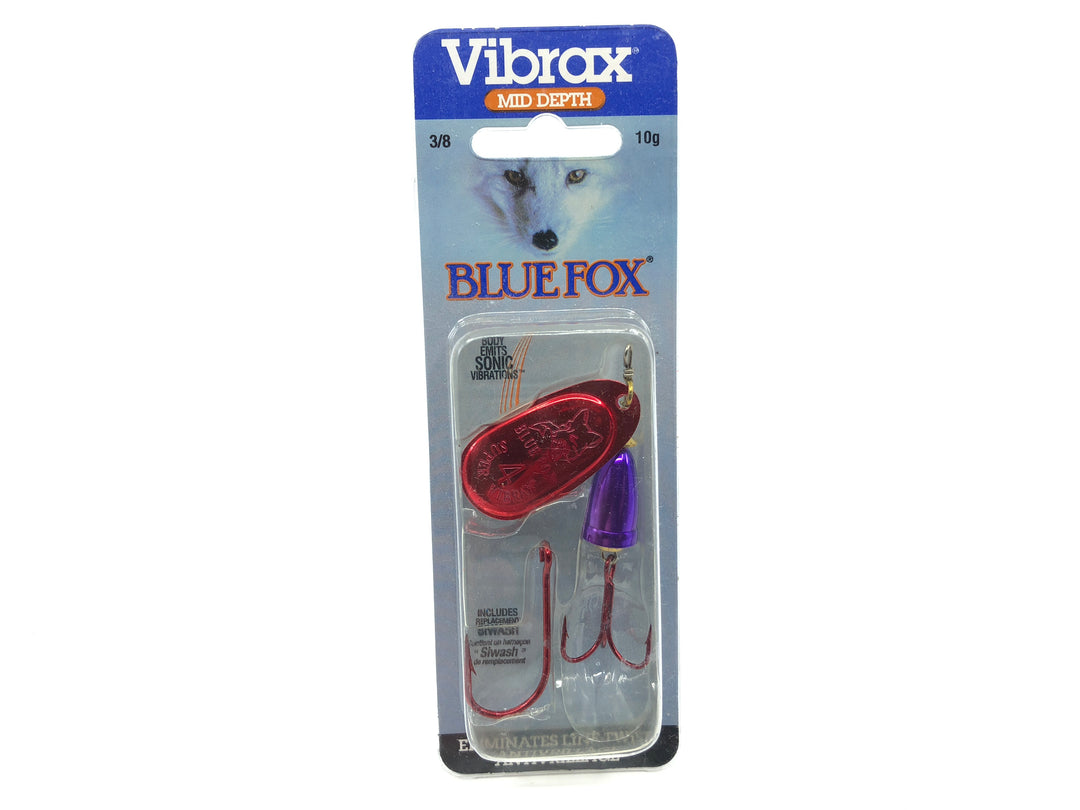 Vibrax Blue Fox Mid Depth Size 4 Spinner New on Card Red Blade Purple Body