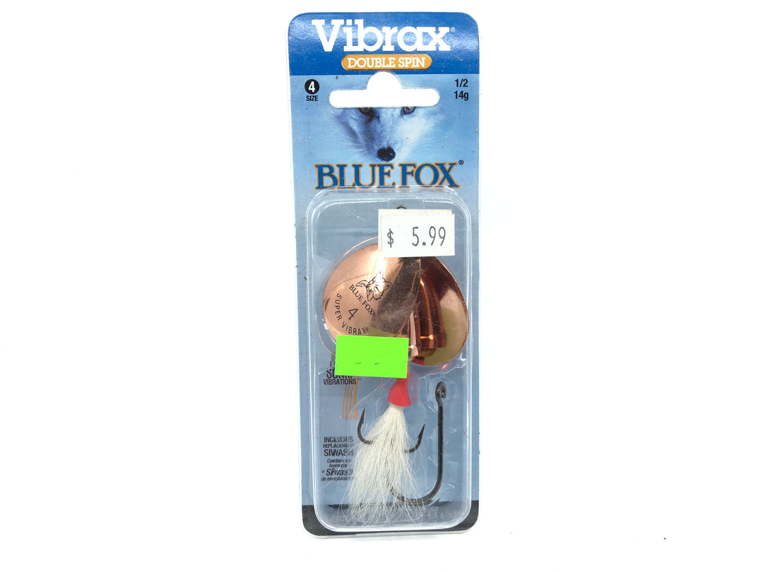 Vibrax Blue Fox Double Spin Size 4 Spinner New on Card Copper Blades White Dressed
