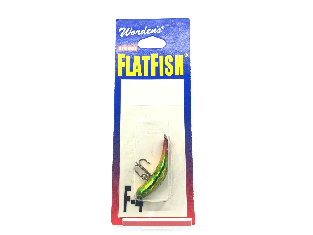 Worden's Flatfish F4 Metallic Gold Green Pirate Color New Old Stock. Iconic lure here in a color that is usually sold out everywhere else. About 1 1/2" long and in new condition. Fish or collect.  See all of our Worden's Lures for sale here.