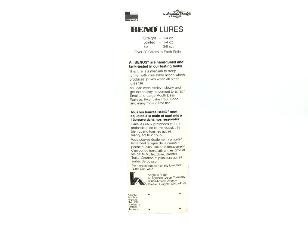Angler's Pride Beno Lure Straight Perch Color New on Card