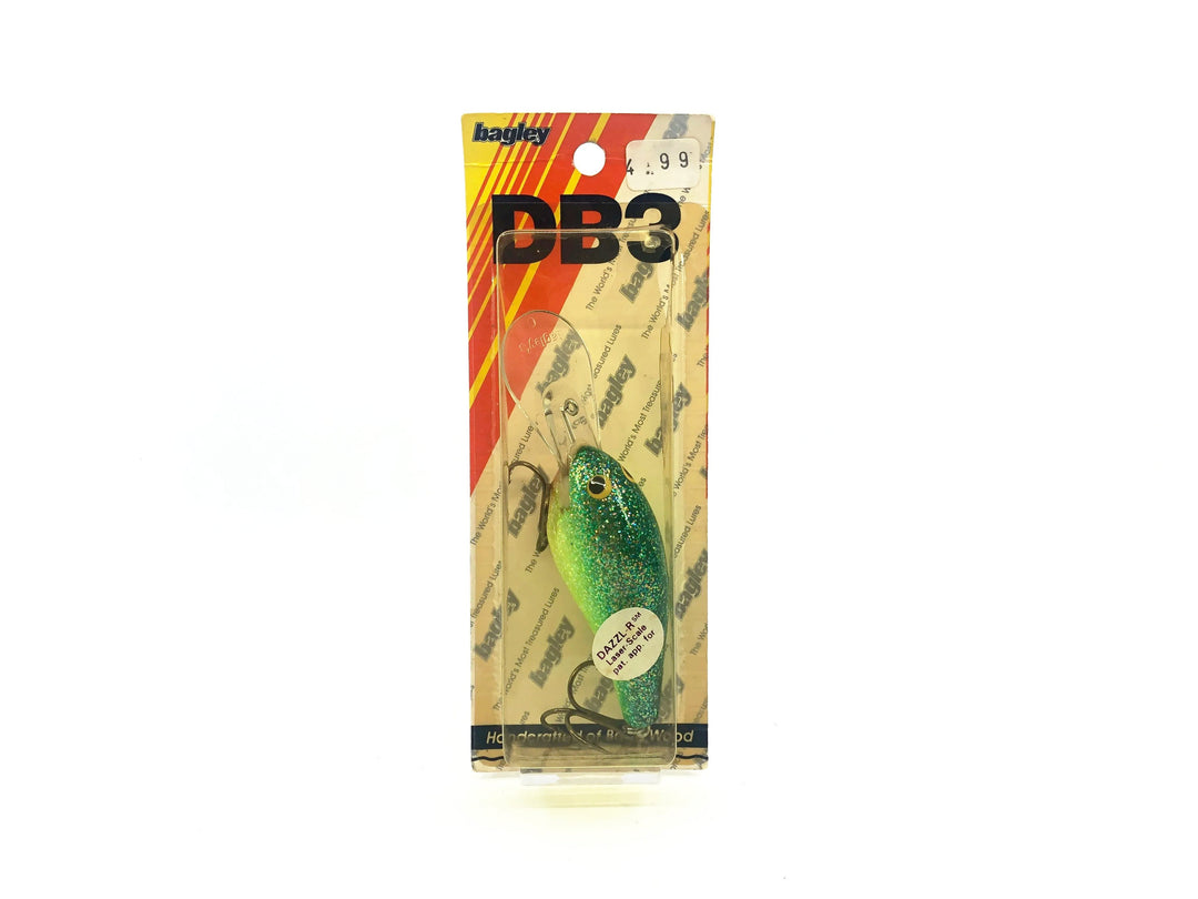 Bagley Diving B3 DB3-Z69 DAZL-R Laser Scale, Dazzle Green on Chartreuse Color New on Card Old Stock Florida Bait