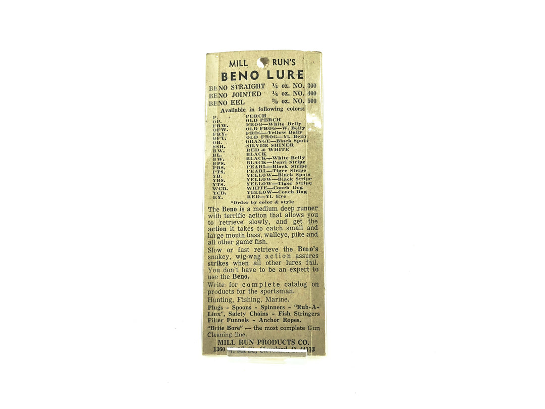 Mill's Run Beno Lure Jointed Yellow Black Spots Color New on Card