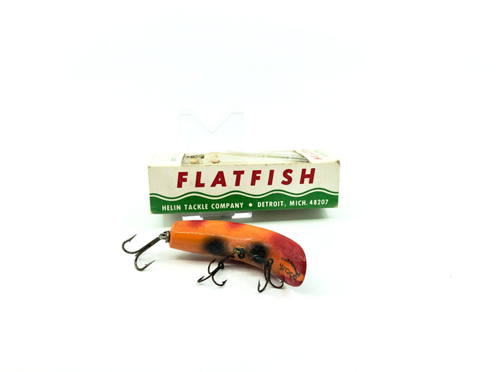 Vintage Helin Wooden Flatfish SPS Spinning Surface LOB Light Orange Red Tip Black Stripe Color with Box.