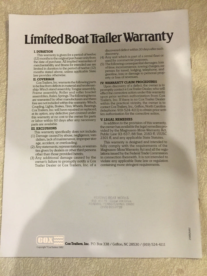 Cox Boat Trailers Catalog 1982