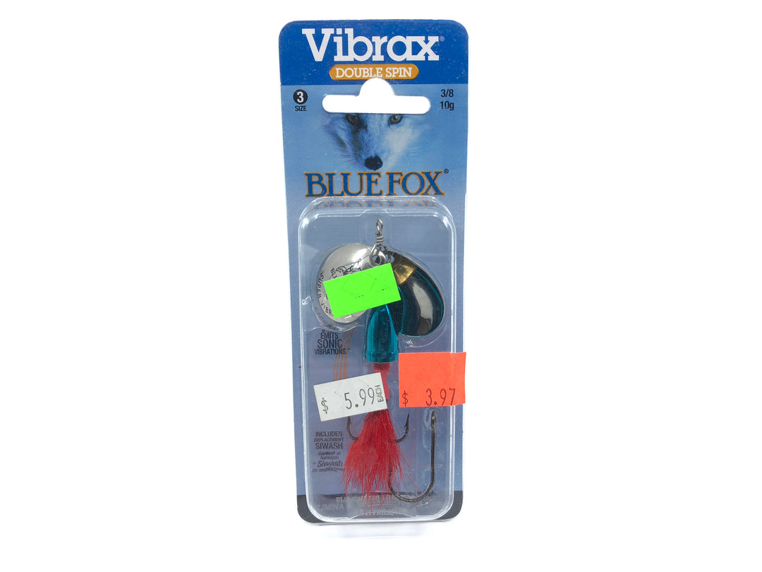 Vibrax Blue Fox Double Spin Size 3 Spinner New on Card Silver Blue Red Dressed