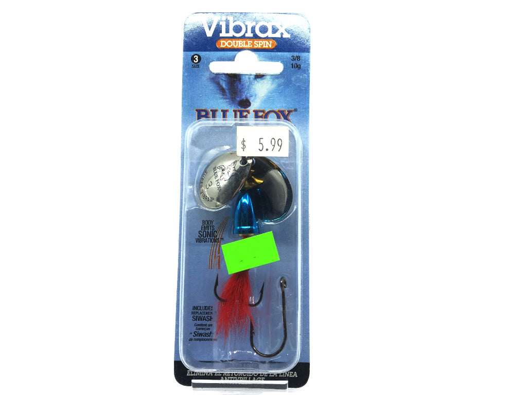 Vibrax Blue Fox Double Spin Size 4 Spinner New on Card Silver Blue Red Dressed