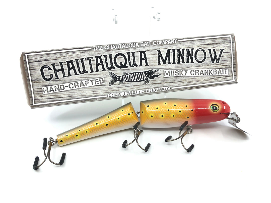 Jointed Chautauqua 8" Minnow Musky Lure Special Order Color "Red Head Orange with Black Spots"