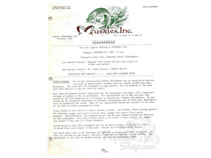 Muskies Inc Newsletters Packet 1969 to Early 70's from Al Tumas (Alzbaits) Estate